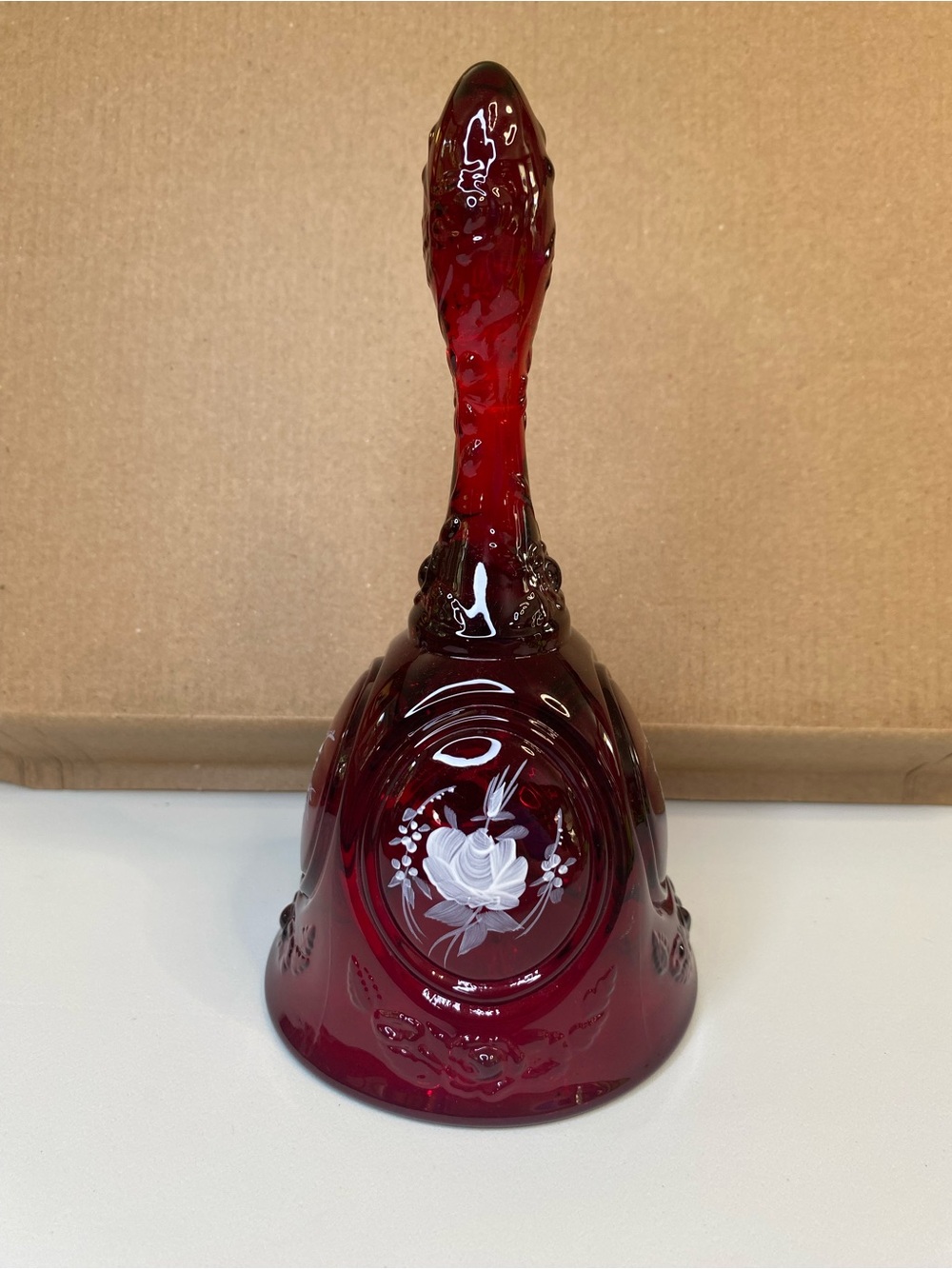 Fenton Ruby Red Glass Bell with White Floral Etching